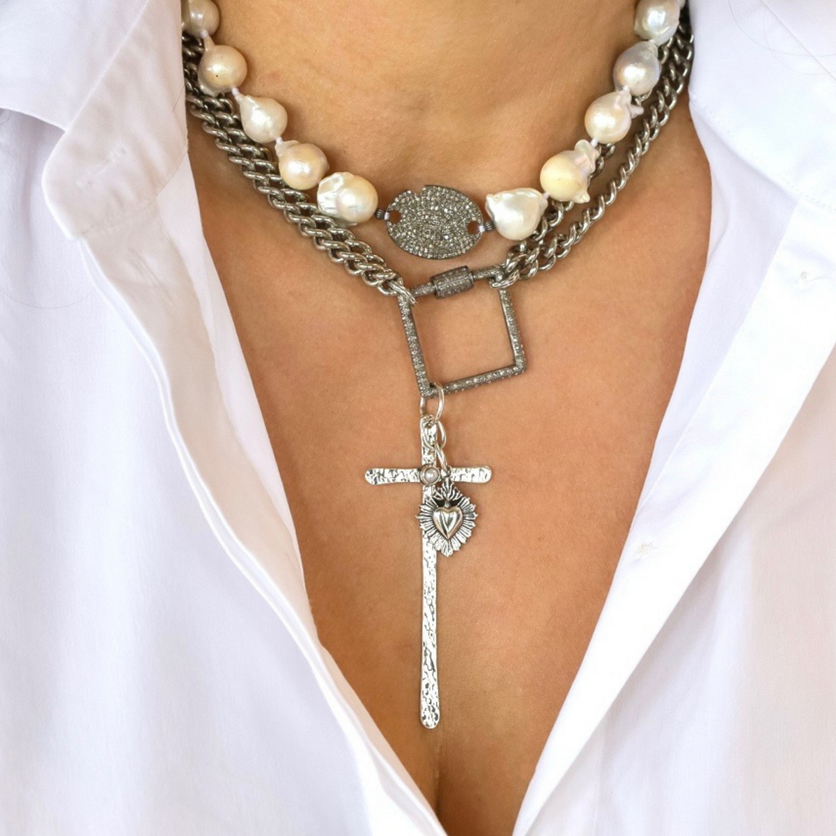 Pearl Necklace with Silver Cross