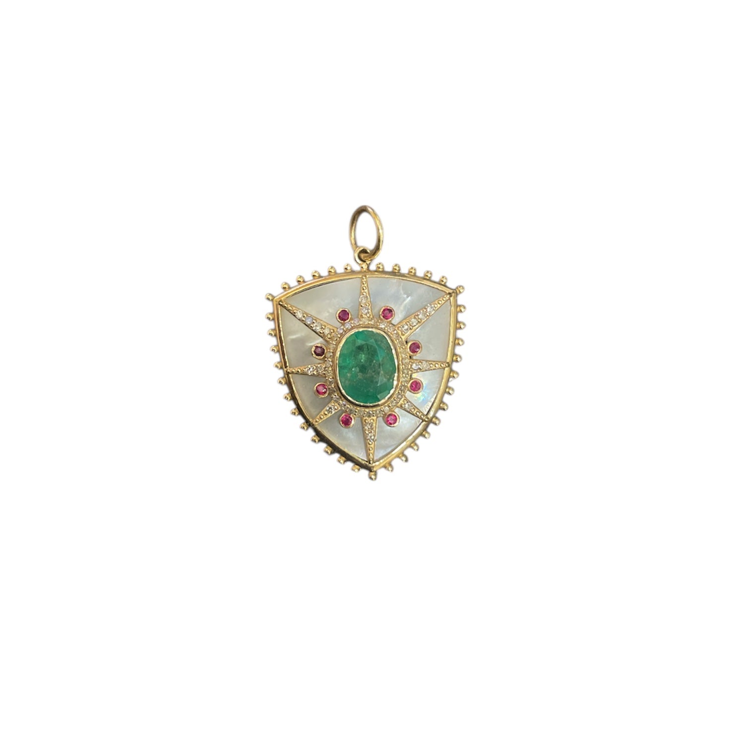14k Diamond Emerald + MOP + Ruby Shield Pendant - Karlas Jewelry & Gifts