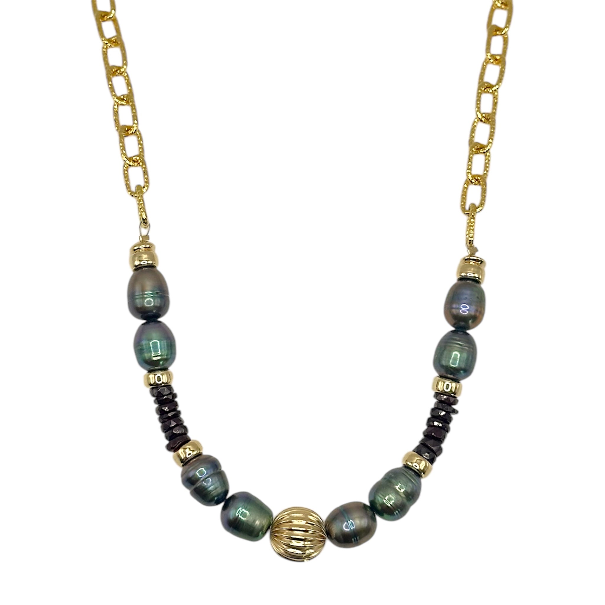 Green Pearl + Gold Beaded + Garnet Necklace - Karlas Jewelry & Gifts