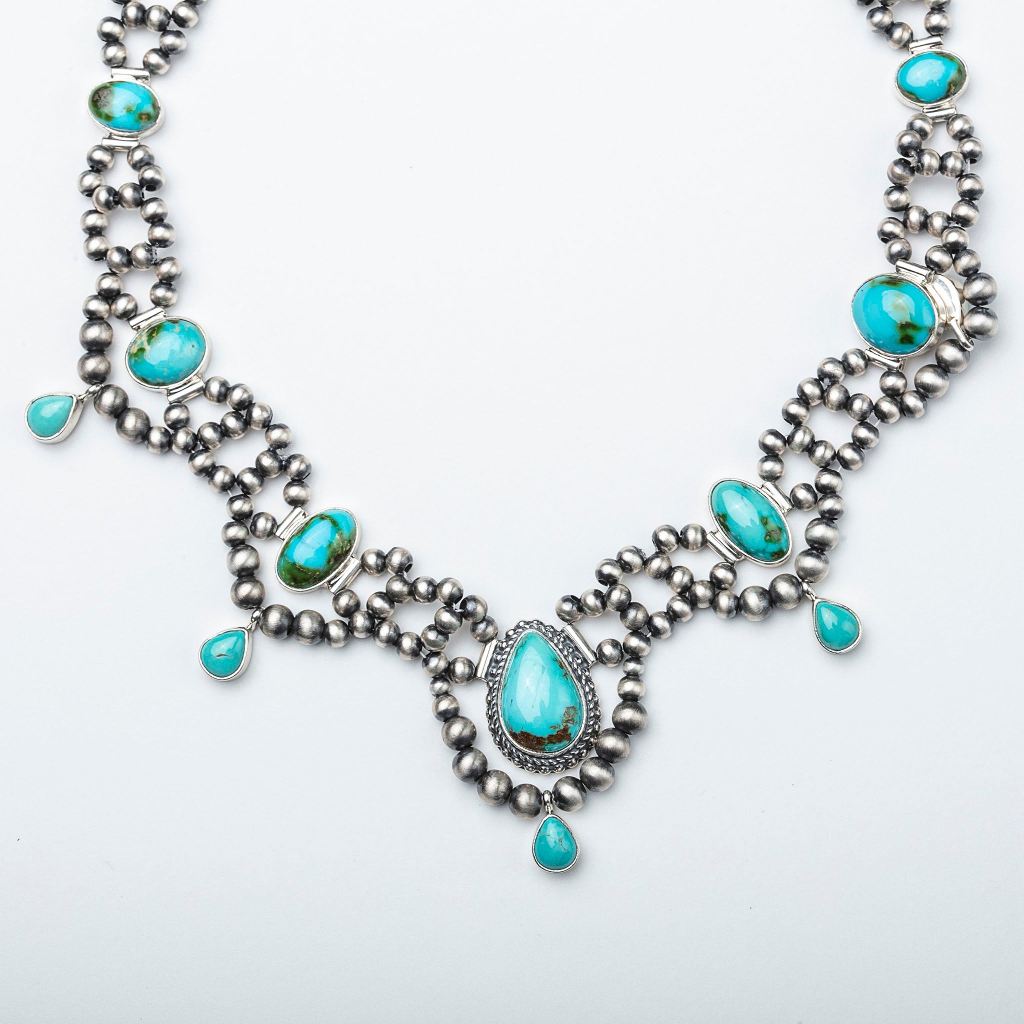 Kingman Turquoise + Navajo Pearl Squash Blossom Necklace - Karlas Jewelry & Gifts