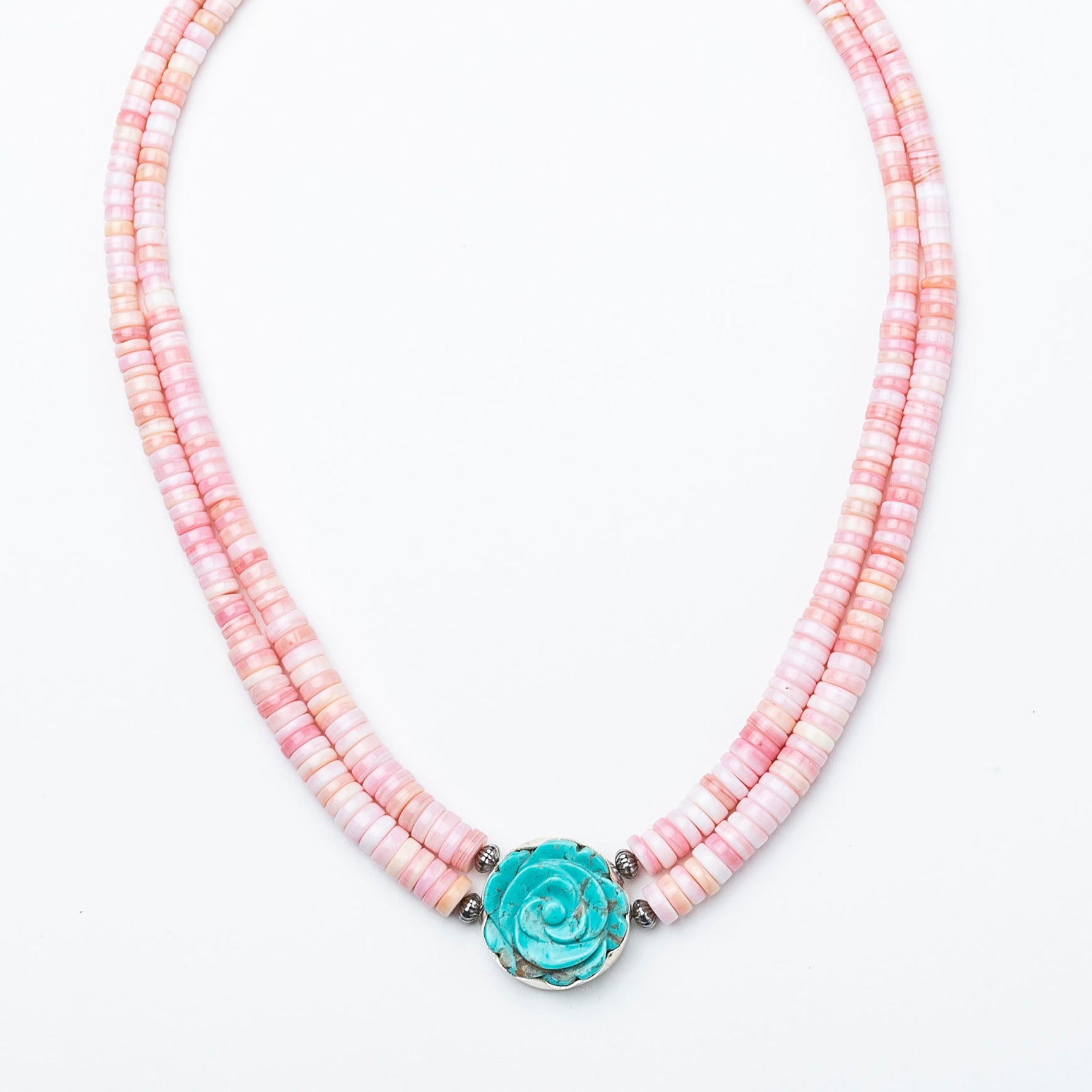 Double Strand Pink Conch + Craved Turquoise Rose Necklace - Karlas Jewelry & Gifts