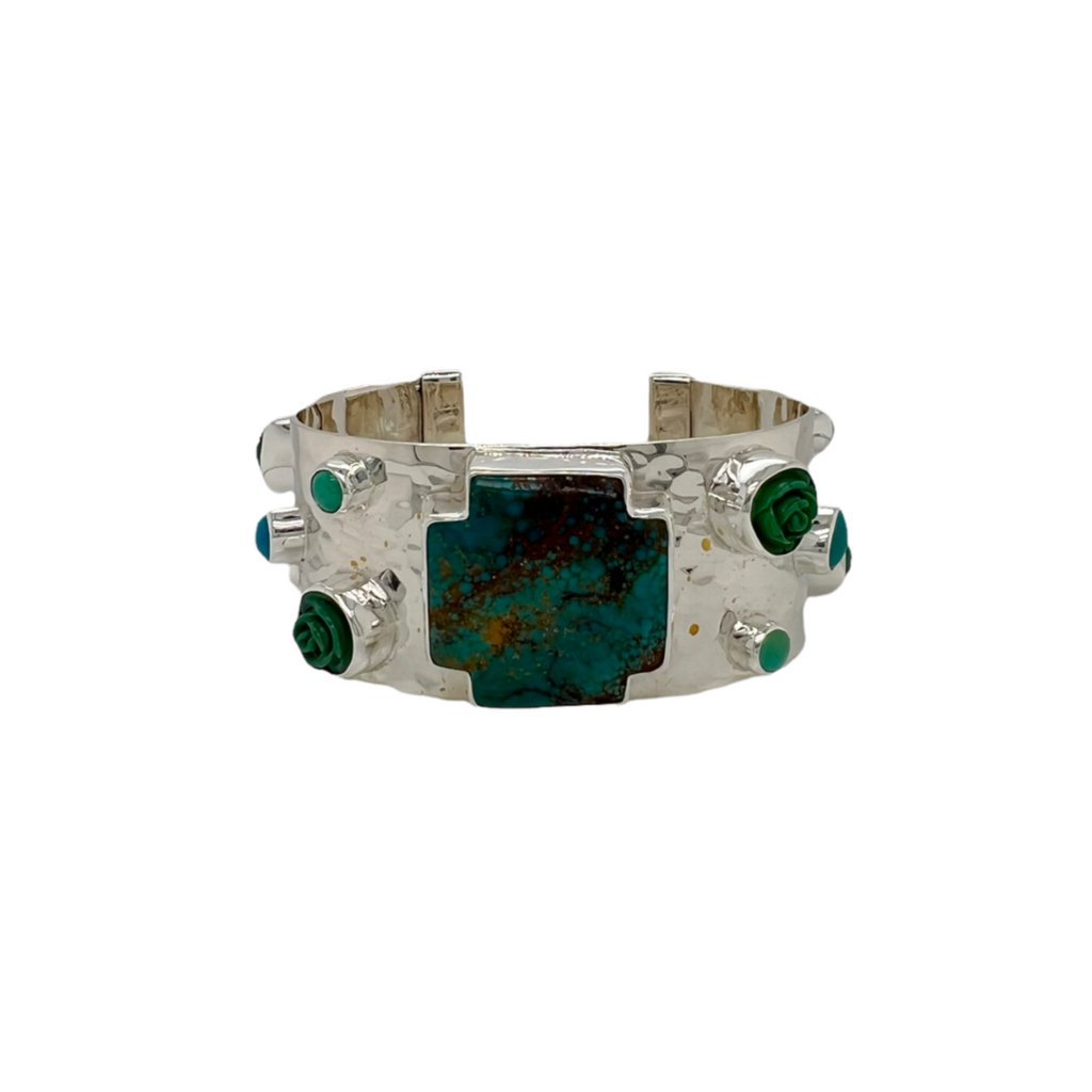 La Reyna Turquoise Cross + Roses Cuff - Karlas Jewelry & Gifts