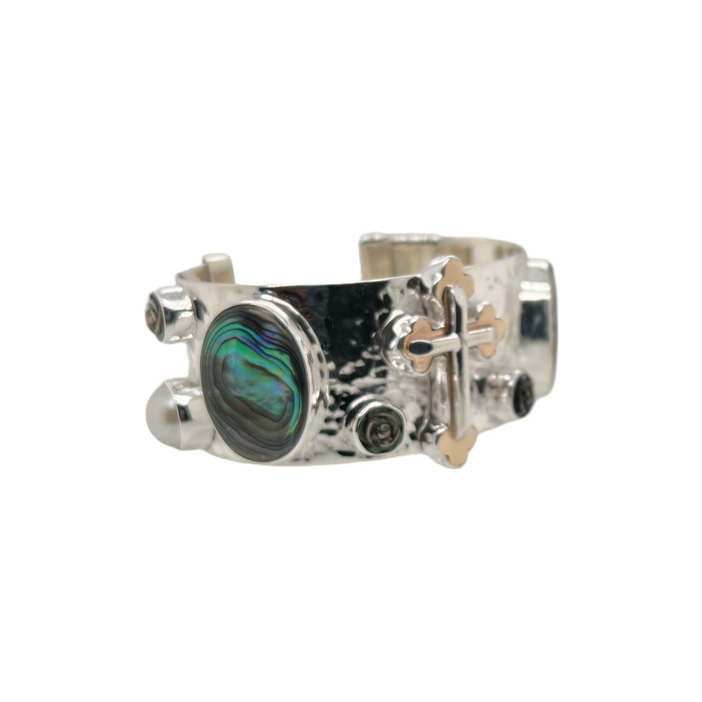 Abalone Rose + Pearl Cross Cuff - Karlas Jewelry & Gifts